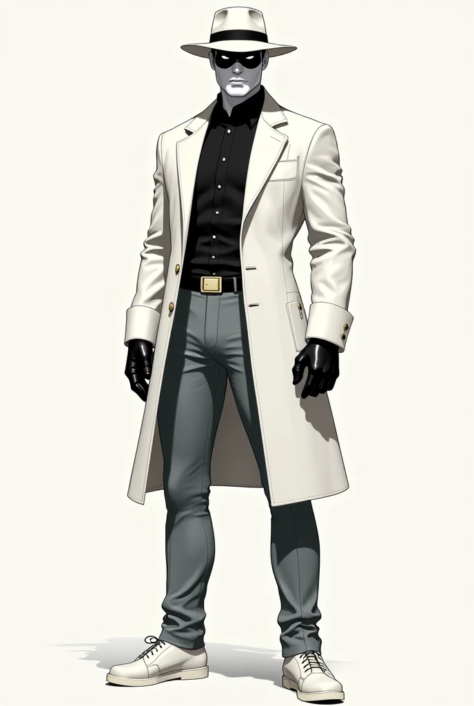 Superhero comic book style Practically pale white man 2 1,75 wears a white overcoat white hat, black gloves gray formal pants black shirt and white shoes black hair and eyes.