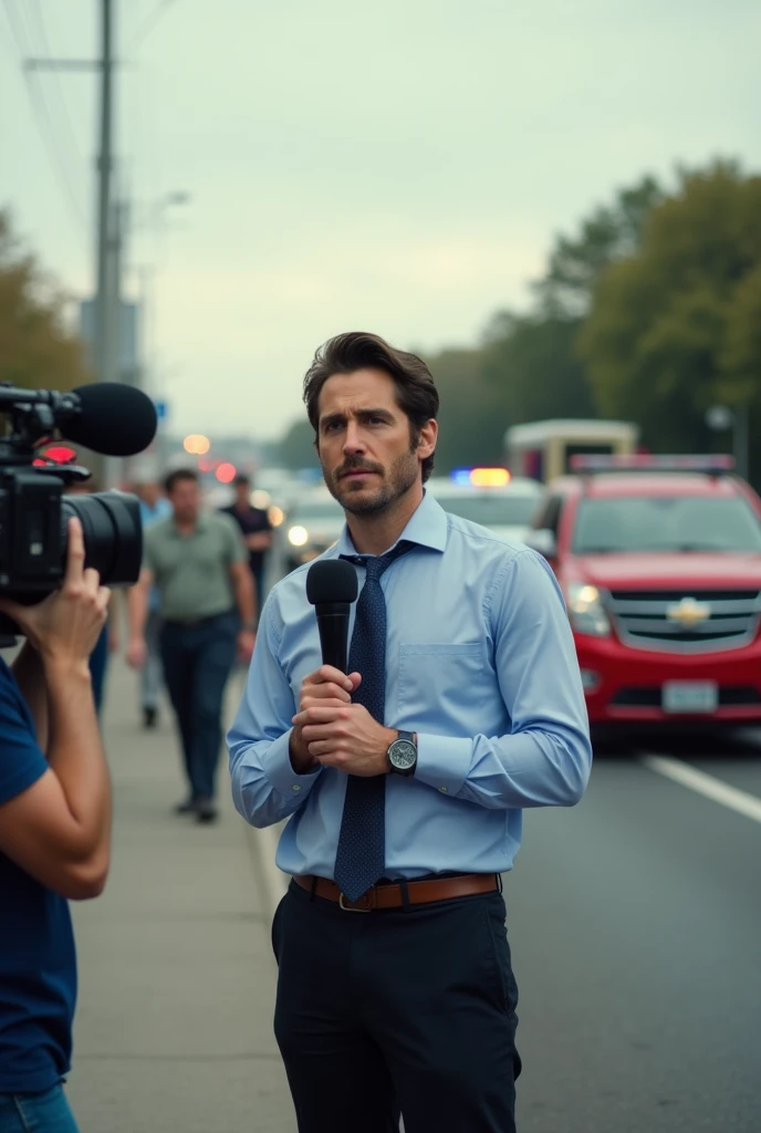 A Jake Gyllenhaal news reporter on road with camera in and mic recorder in his hand waiting for accident 