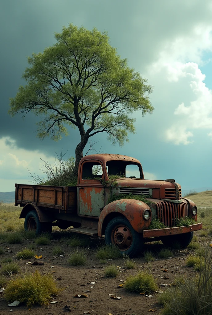 an abandoned truck with a tree growing through it, the car is rusty, abandoned for decades, crumbling, dramatic scene,