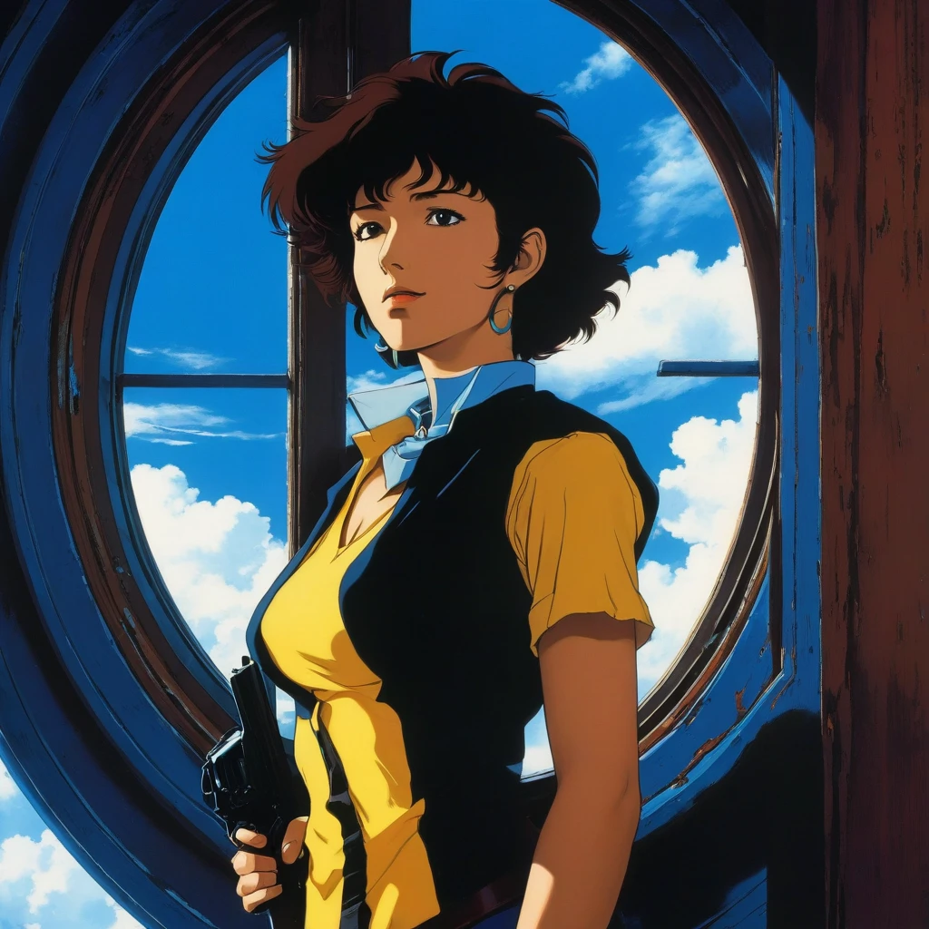 (Best Quality, Masterpiece, High Resolution, HD, Super Detail, Official Art, 90s anime style), Cowboy Bebop, Short Brunette, Rugged Countenance, Piercing Eyes, Cowboy Dress, Cowboy Hat, Revolver, Behind a Large Round Window (Outside the Window is the Giant Blue Planet),