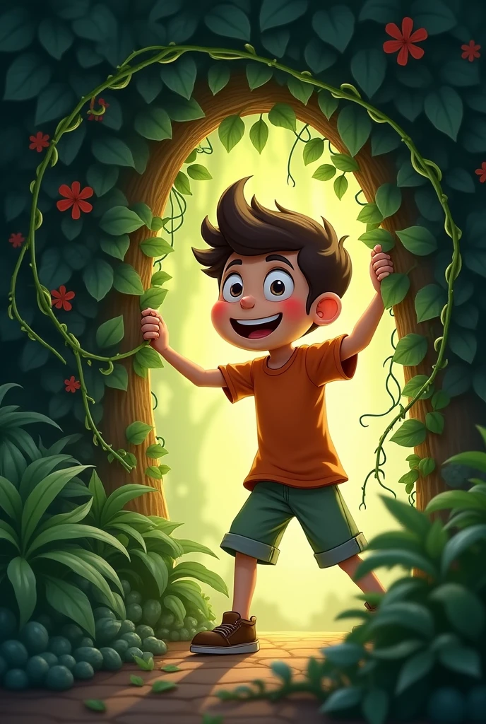 Show Max, wide-eyed and excited, pushing aside some overgrown bushes to reveal the entrance to a hidden forest. The forest entrance should be lush, with a soft glow emanating from within, making it look mysterious and inviting.*