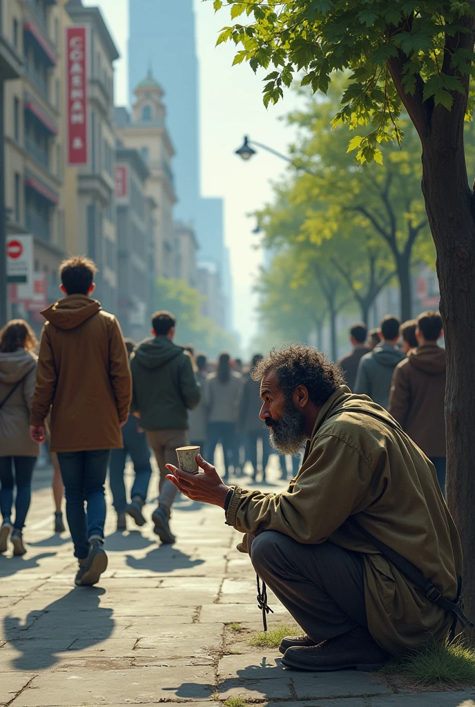 A beggar is begging people for a hand on the side of the road and people are walking by. 
There were buildings and trees along the road.