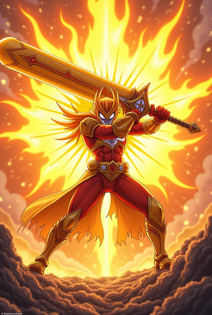 sun-based anime character with a large great sword in the power rangers art style