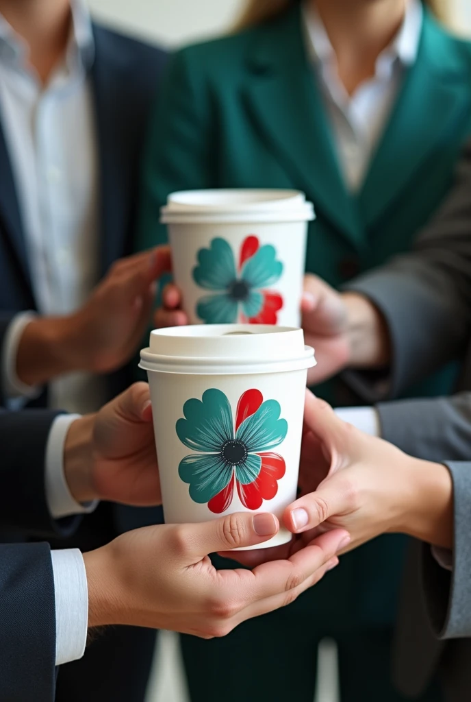 Create a corporate image of the company Trebol with people holding a cup of clover with turquoise blue red white black and lead leaves that causes impact