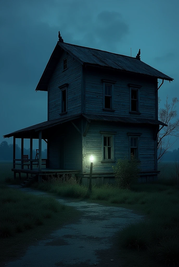 (Masterpiece:1.2,Highest quality,Ultra high resolution,very detailed,realistic,Ultra high resolution,8ก,Wallpaper,(ภาพถ่ายhorror),(The picture shows details of an old Thai-style two-storey wooden house.),There is a scary bright light.,nighttime,Thailand,Quiet and scary,horror