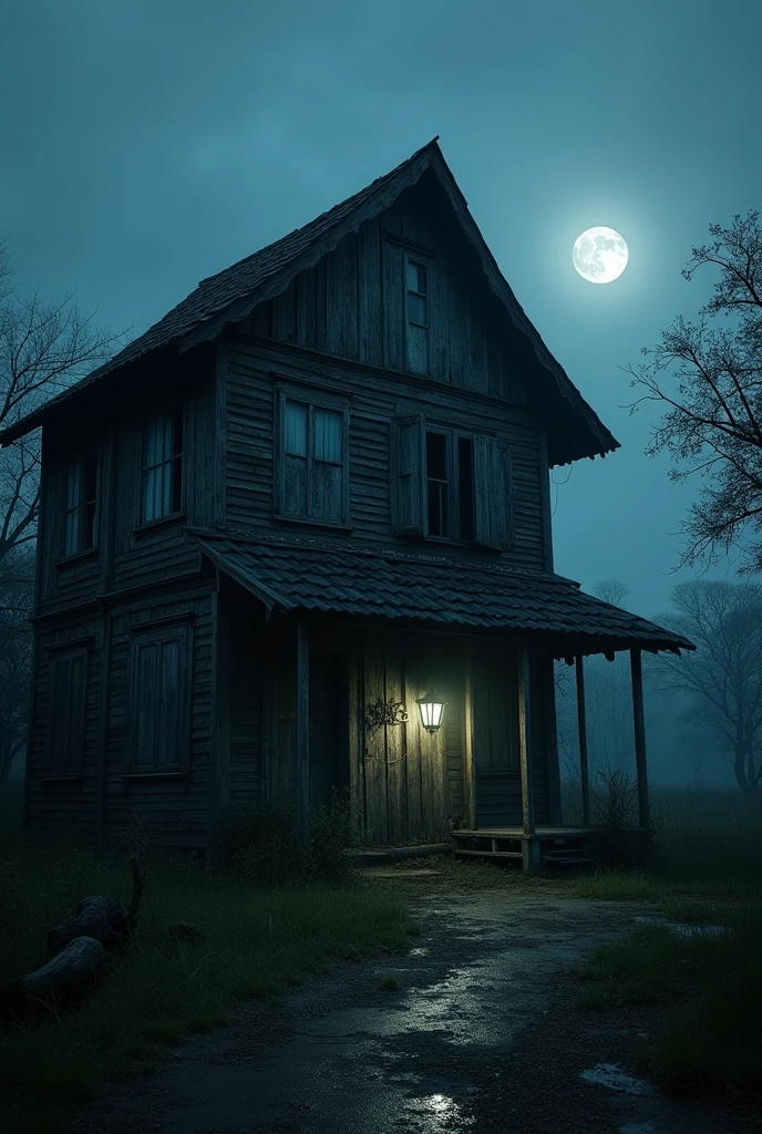 (Masterpiece:1.2,Highest quality,Ultra high resolution,very detailed,realistic,Ultra high resolution,8ก,Wallpaper,(ภาพถ่ายhorror),(The picture shows details of an old Thai-style two-storey wooden house.),There is a scary bright light.,nighttime,Thailand,Quiet and scary,horror