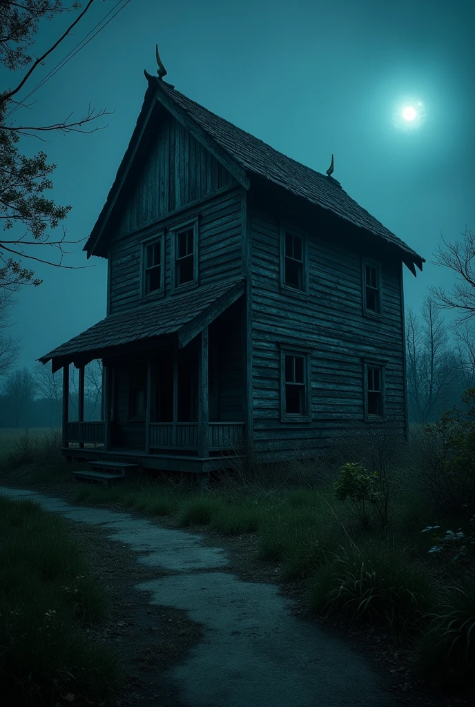 (Masterpiece:1.2,Highest quality,Ultra high resolution,very detailed,realistic,Ultra high resolution,8ก,Wallpaper,(ภาพถ่ายhorror),(The picture shows details of an old Thai-style two-storey wooden house.),There is a scary bright light.,nighttime,Thailand,Quiet and scary,horror