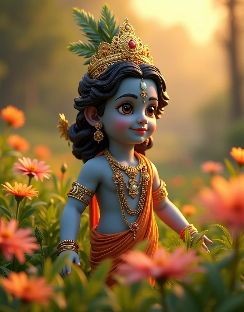 A highly detailed, realistic 3D render of Shree Krishna, the Hindu deity, standing in a lush green meadow surrounded by blooming flowers, beautiful detailed eyes, beautiful detailed lips, extremely detailed face and body, intricate jewelry and ornaments, warm golden lighting, cinematic camera angle, vibrant colors, photorealistic, masterpiece