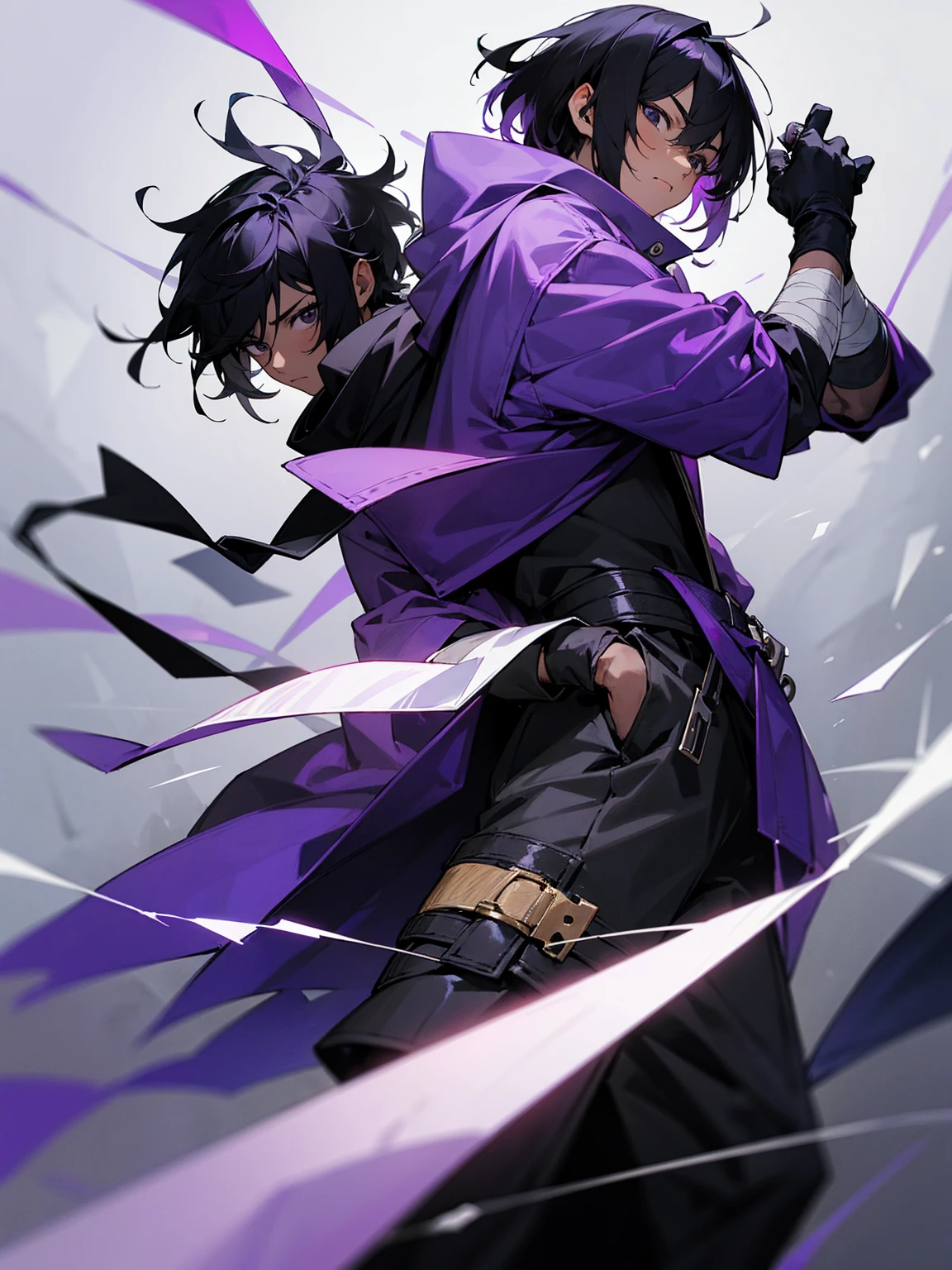 1male, young, black eyes, black hair, medium length hair, tied to the back, darkskin, black bandages on arms, purple gloves, purple yukata, black sweatshirt, serious, hands in pocket
