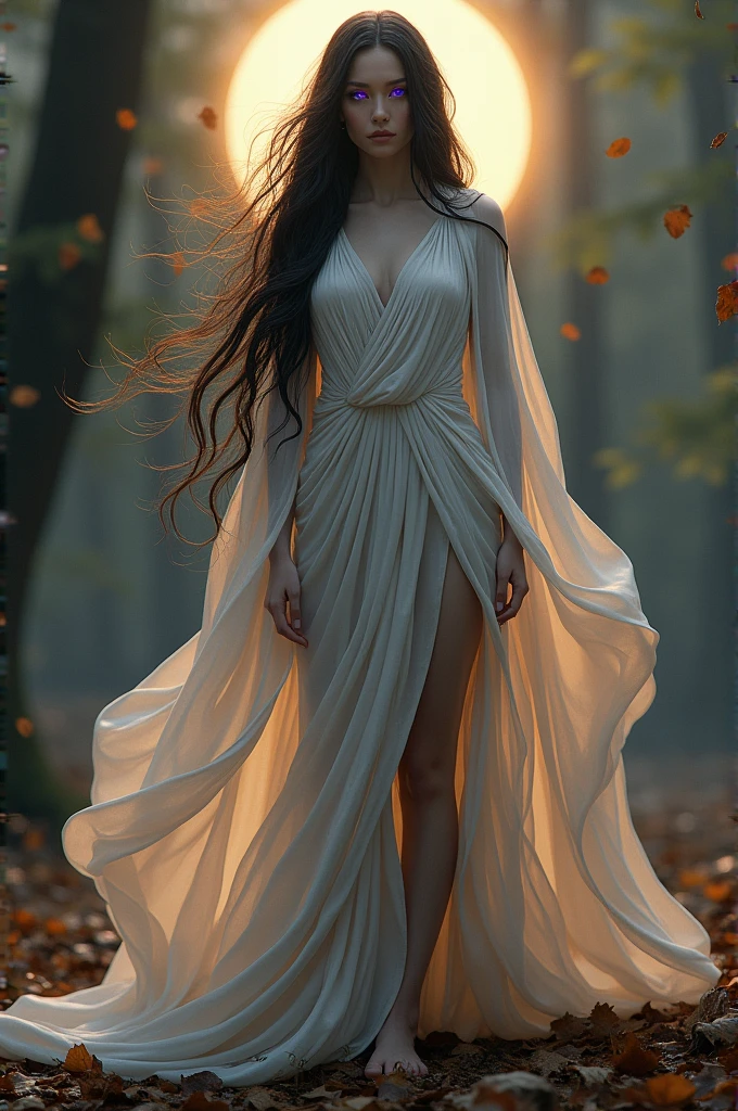 Make a book cover with this description: an elegant animal protector goddess with white skin, soft and luminous, purple eyes, Long wavy black hair that falls like a silk cloak, halo of soft, warm light and bare feet, born from the dry leaves of the trees