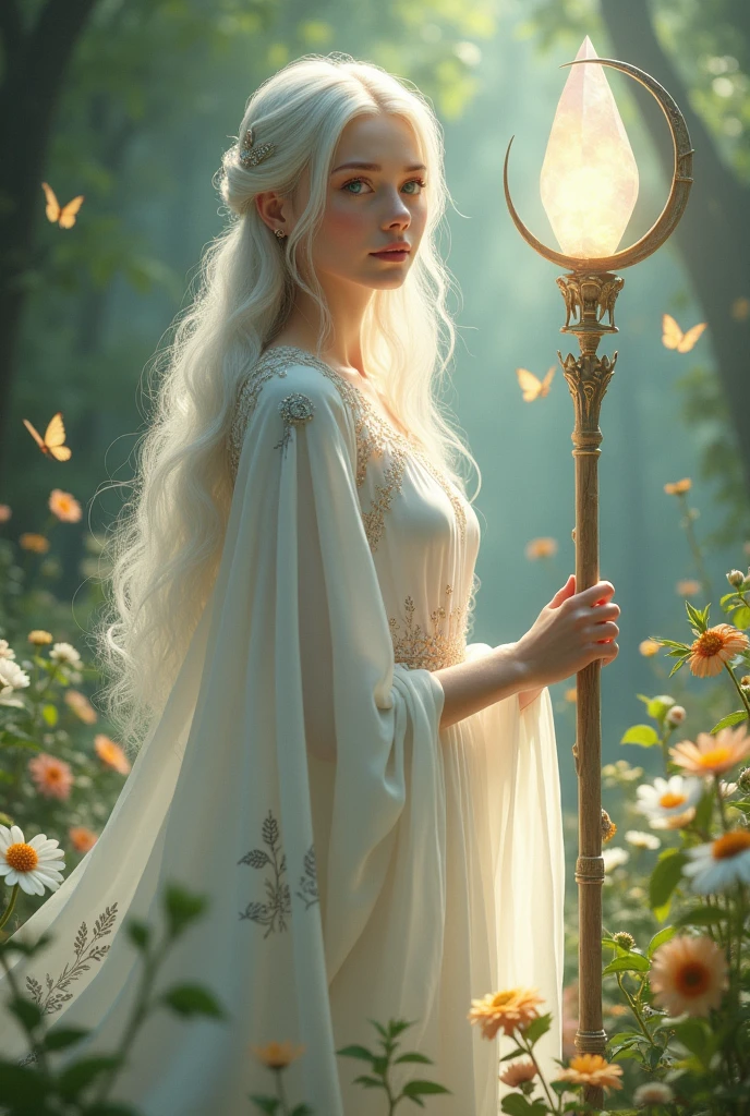 Imagine a beautiful white witch standing in a peaceful forest clearing, surrounded by nature. She has long, silver-white hair that flows gently down her back, shimmering softly in the sunlight. Her eyes are a bright emerald green, filled with kindness and wisdom. She wears a simple, flowing white dress that moves gracefully with the breeze, adorned with small, silver patterns of leaves and flowers.
She carries a delicate wooden staff topped with a glowing crystal that emits a soft, white light. Around her, the forest is alive with vibrant flowers, butterflies, and small animals that seem drawn to her gentle presence. A light, translucent cloak drapes over her shoulders, fastened with a silver crescent moon brooch.
Her expression is warm and serene, her smile gentle as she looks around, embodying the essence of a good witch who brings peace and healing wherever she goes.