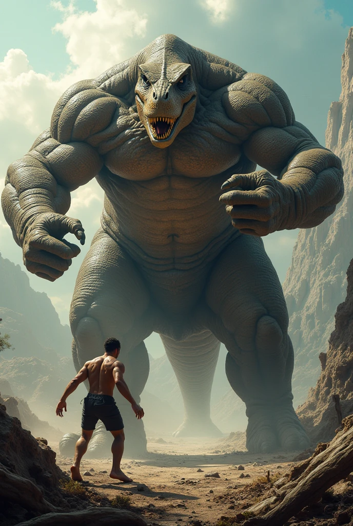 Giant human fighting with a Trex and a Giant is winning