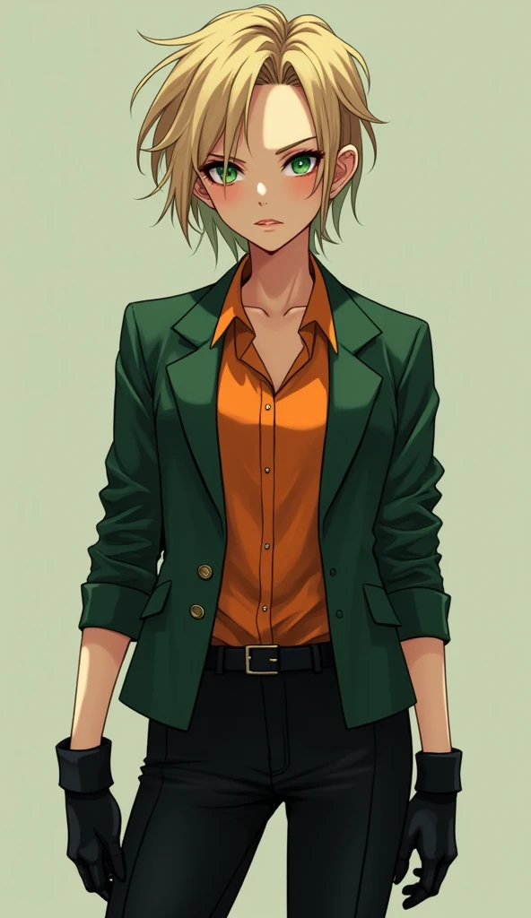 (best quality),female,solo,short hair,blond messy hair,green eyes,frown,orange shirt,half sleeves, lapel jacket,dark_green jacket,Closed jacket,open neck,black pants,finger_less gloves,Science fiction,ultra-detailed,sharp focus,aesthetic