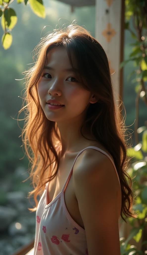 "A slightly grainy and somewhat out-of-focus photo taken with an old smartphone. The image captures a candid moment of a young woman, around 20 years old, standing near a misty forest stream in the early morning light. She has light brown, slightly wavy long hair that falls naturally over her shoulders. She's wearing short, pajama-like underclothing that appears comfortable and casual, indicative of a spontaneous moment rather than a staged shoot.
In the softly mismatched lighting, which casts gentle shadows, her delicate and fair facial features are lit from the side, showing rosy cheeks akin to an embarrassed expression. She gazes forward with a shy yet captivating look that conveys a mixture of innocence and curiosity. Her symmetrical face, with full, rosy lips hinting at a sweet smile, harmoniously blends the ethereal aura of fairytale elements with genuine beauty marked by cultural blends of French, Russian, and Brazilian influences.
The slightly cluttered background includes mismatched items around the stream, enhancing the photo's authentic and homey feel. The whimsical scene is subtle yet present, with occasional bright neon lights adding an unexpected but charming vibrancy to the ethereal atmosphere. The entire setup feels natural and unposed, with the photo's amateurish quality—softer focus, mild digital noise, and imperfections like a gentle blur—eloquently capturing the realism and endearing authenticity of everyday life