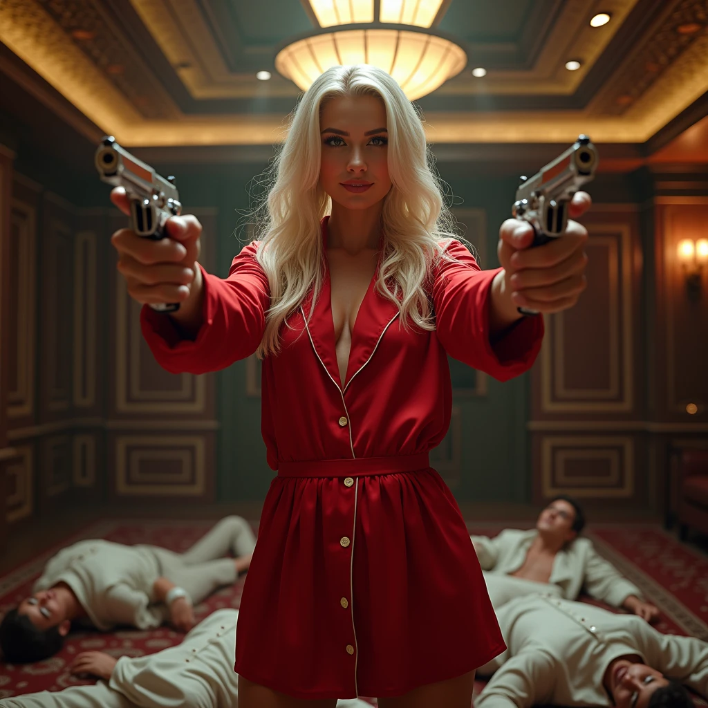 wide depth of field, wide depth of focus, f/11 lens setting, all objects in focus, full color image, woman two chrome pistols, holding 2 pistols, large fraternity house game room, full body image, (red long sleeve, button up satin sleep shirt), woman posing with two pistols, long beautiful platinum blonde hair, confidant smile, pure form, intricate details, 8K post-production, high resolution, super detailed, Popular topics on Artstation,, Studio photos, intricate details, Very detailed, she stands in the middle of the room and she is surrounded by a large pile of defeated men laying unconscious with closed eyes on the floor