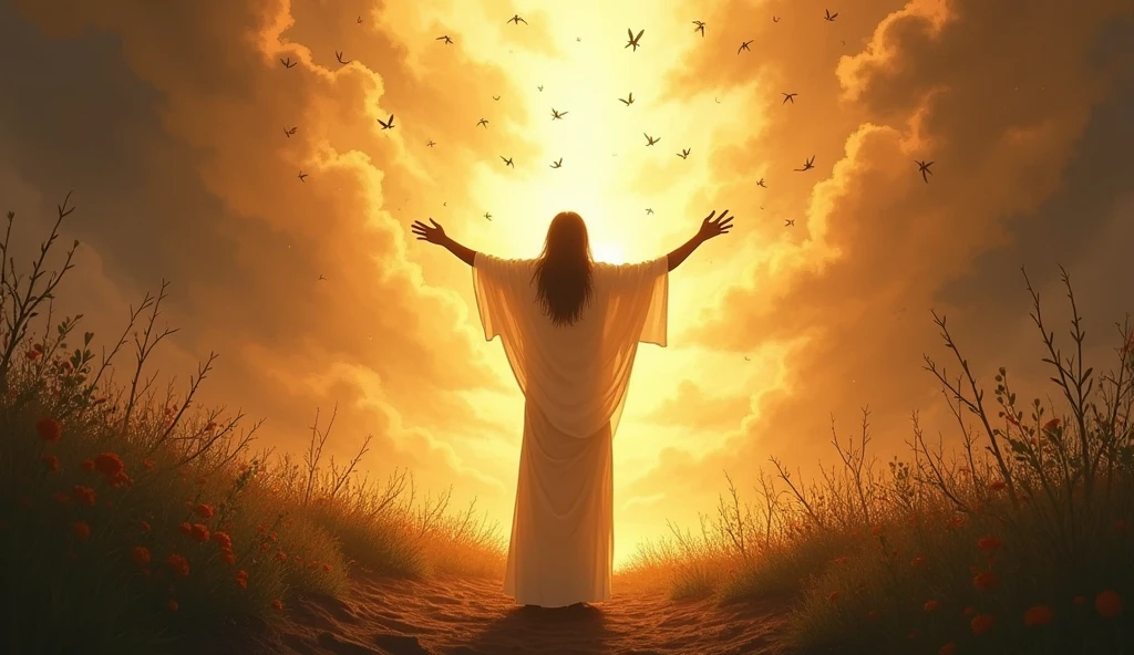 A scene of transformation, where the dark, chaotic imagery of locusts and the abyss begins to fade, revealing a bright, golden light breaking through the shadows. In the center, a figure stands with outstretched hands, reaching towards the light, symbolizing hope and redemption. The remnants of the locusts and darkness are dissolving into the light, which bathes the entire scene in a warm, radiant glow. The figure’s face is serene, filled with a sense of peace and determination. The background, once ominous, now begins to show hints of renewal—budding plants and clear skies emerging from the darkness. The overall mood is one of emerging from fear into a profound sense of hope and spiritual rebirth.