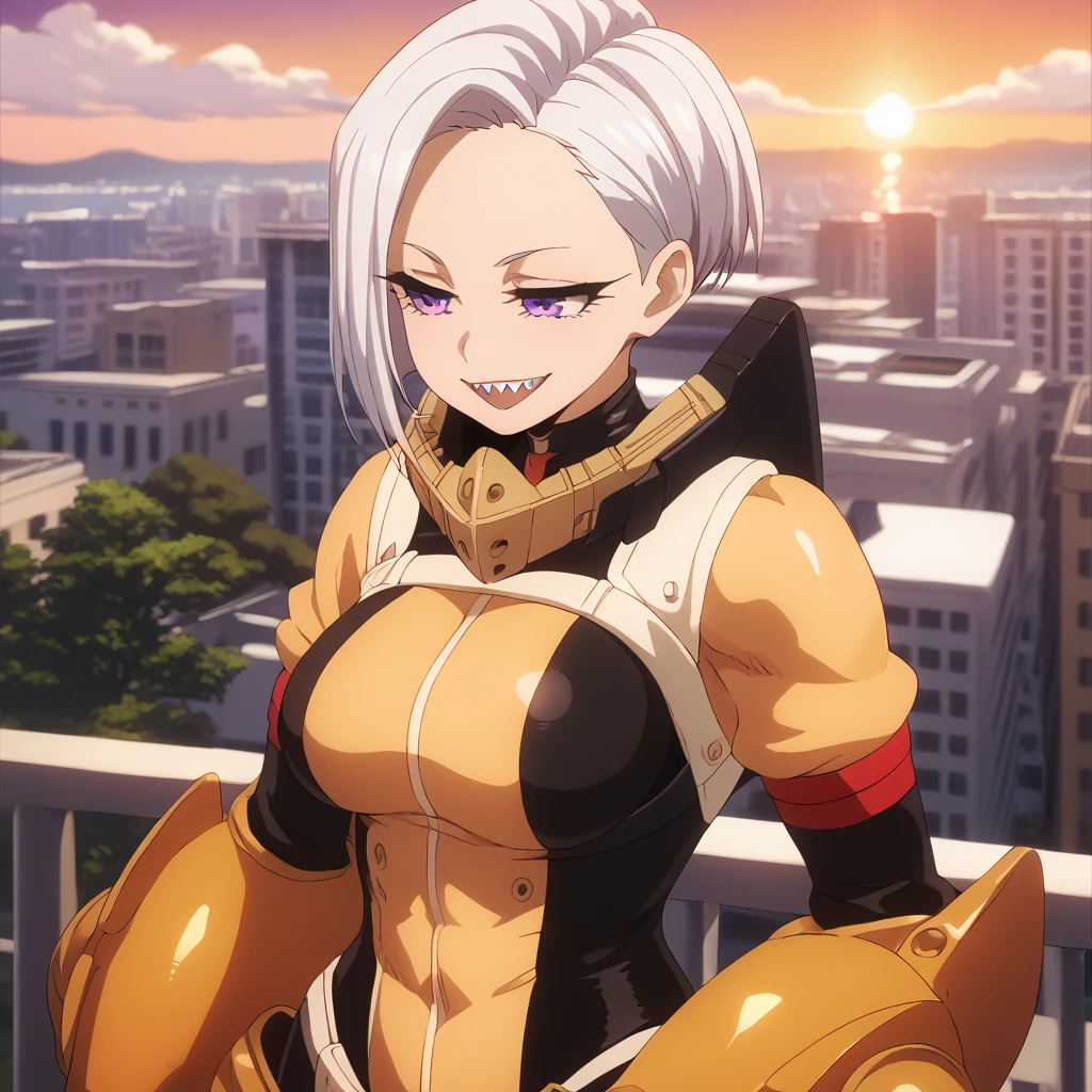 (NSFW) Detailed, best quality, 1 female, short, round face, big arms, broad shoulders, cowboy shot, big , Horikoshi Kohei, black and gold body suit, heavy artillery suit, heavy military armour, gloves, white hair, bowl cut hair style, undercut hair, purple eyes, fully lidded eyes, evil eyes, large open smile, sharp teeth, stocky, very muscular, balcony, city background, beautiful sunset sky