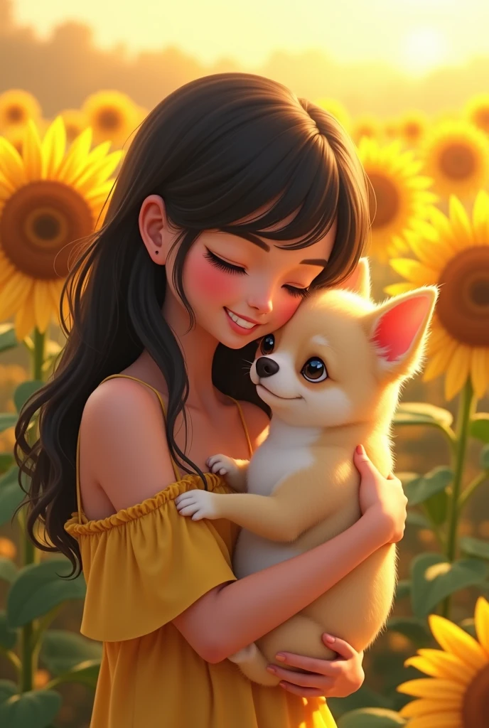 Believe me girl light brown skin bangs black hair sunflowers background Disney pixal hugging cream colored Chihuahua dog 