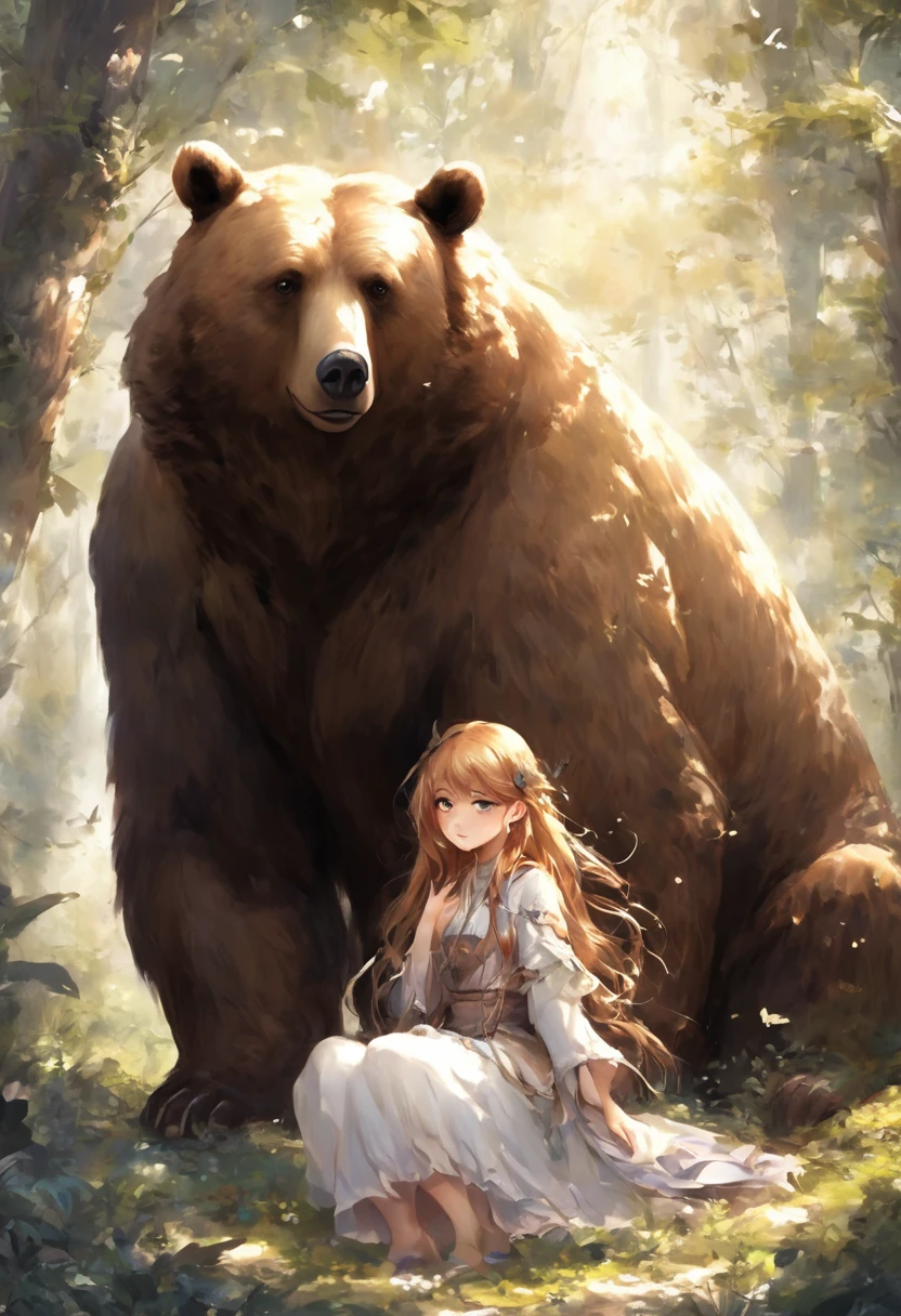 (Mysterious, fantastical and fantastical world)、(A huge brown bear and a beautiful young girl)、(The girl is the spirit who governs the peace of the forest.)、(Brown bear is ferocious, but he is her servant.)、(The brown bear is there to protect the girl.)、 (Mysterious and mysterious forest)、An inhospitable forest、Like the trees, plants and insects in the forest々Spirits gather in a faint light.、Imagine you are sitting in a deep forest., Create a magical moment that pays tribute to She-Bear&#39;s character, Very detailed, Beautiful Landscape、Realistic、(Cinema Lighting) 、 (Bokeh)、(Highest quality, masterpiece, High resolution)、4K Anime Art、 wallpaper、 