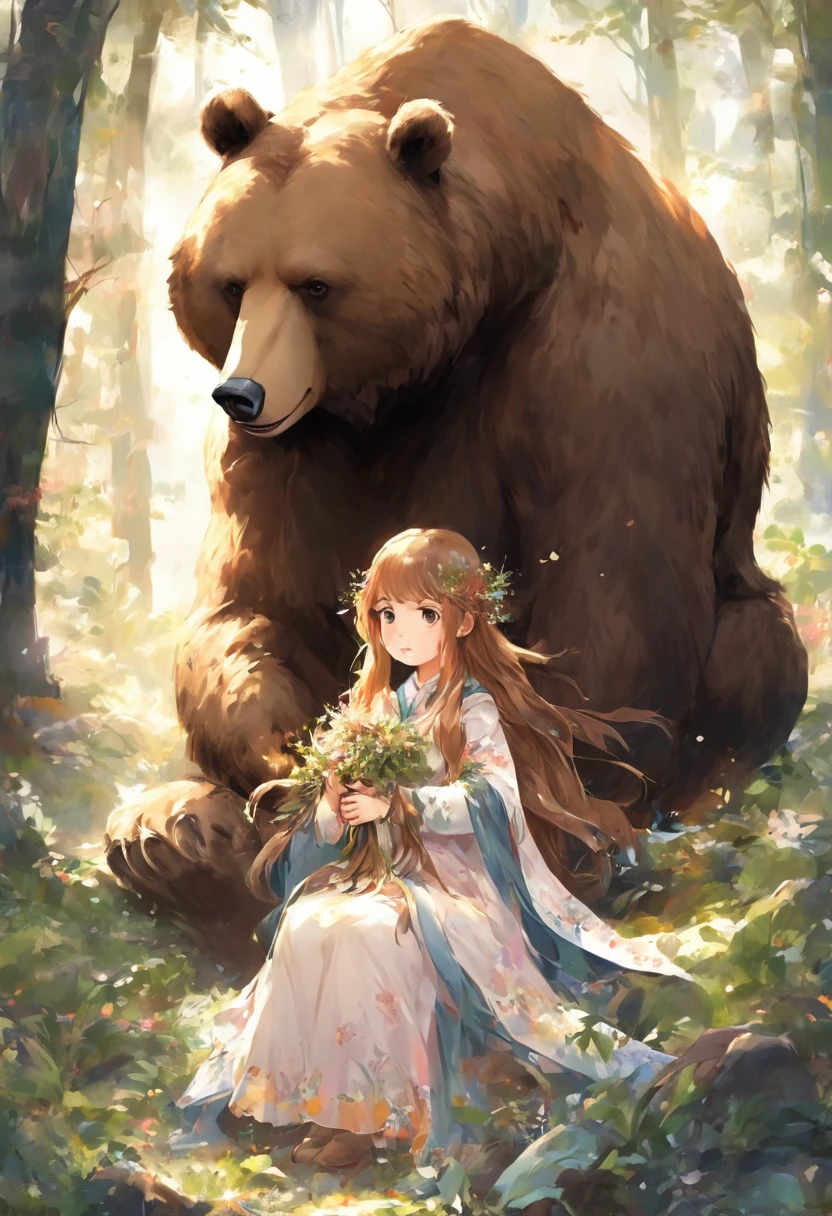 (Mysterious, fantastical and fantastical world)、(A huge brown bear and a beautiful young girl)、(The girl is the spirit who governs the peace of the forest.)、(Brown bear is ferocious, but he is her servant.)、(The brown bear is there to protect the girl.)、 (Mysterious and mysterious forest)、An inhospitable forest、Like the trees, plants and insects in the forest々Spirits gather in a faint light.、Imagine you are sitting in a deep forest., Create a magical moment that pays tribute to She-Bear&#39;s character, Very detailed, Beautiful Landscape、Realistic、(Cinema Lighting) 、 (Bokeh)、(Highest quality, masterpiece, High resolution)、4K Anime Art、 wallpaper、 