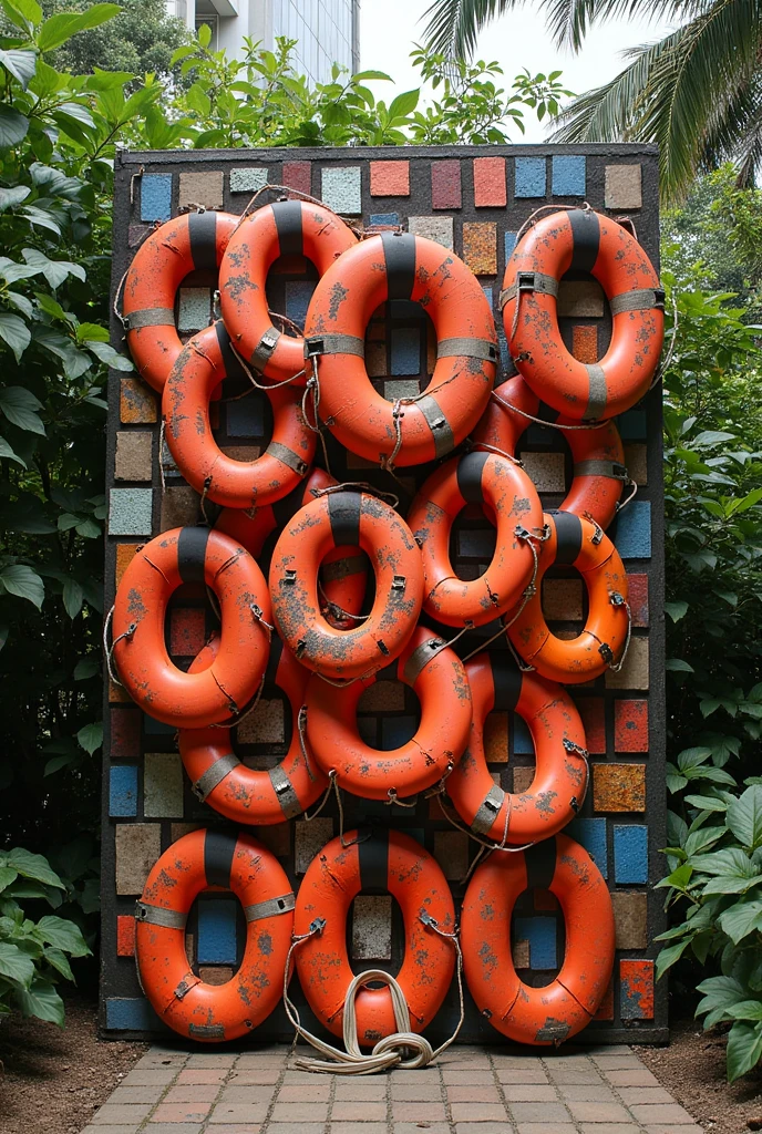 mosaic of life jackets sent to refugees in the botanical garden of curitiba