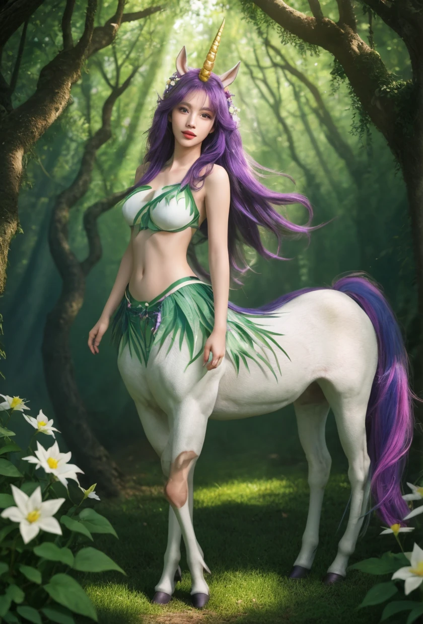 Lillia from League of Legends, ((deer centaur)), 4 hooves, two arms, two hands, deer tail, fluffy, high resolution, realistic, Soft, 4K, upscales, high detail, Delicate fur, forest, big breasts, big nipples, hyper areola, long nipples, 4 legs, feral, stretching, smile, purple eyes, 1 girl, peeking at viewer, big feral deer butt, hyper canine pussy, presenting canine pussy, back toward viewer, looking back at viewer, drippy pussy