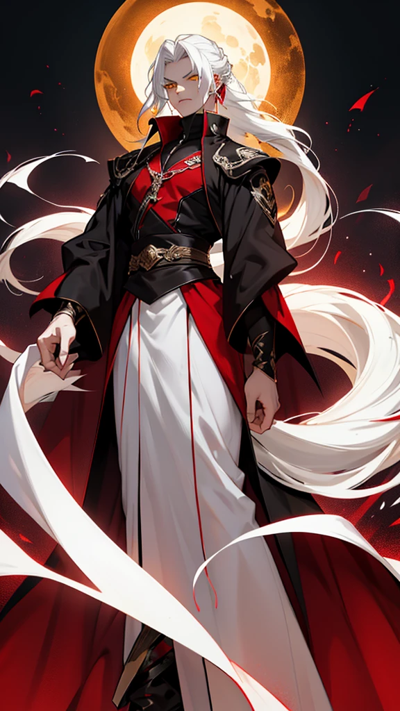 vampyre. golden yellow eyes. Medium length white hair. white and red hair. Multijcolor hair. tall height(2M). Muscular and very strong.  New general&#39;s clothes. standing alone, standing. 