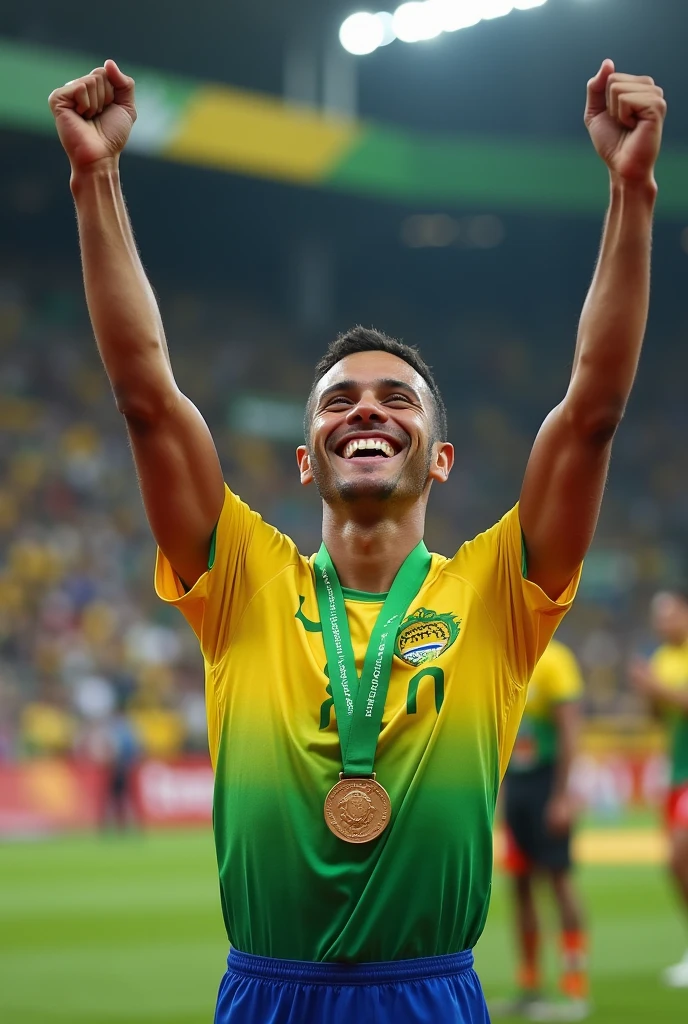 a happy Brazilian titleholder celebrating the participation medal