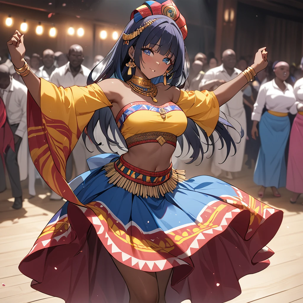 ((Highest quality)), ((masterpiece)), (detailed), (Perfect Face)、The woman is Reika Aoki, a Congolese woman with dark skin and medium-long hair.、The woman is wearing a Congolese costume and dancing the Congolese dance.