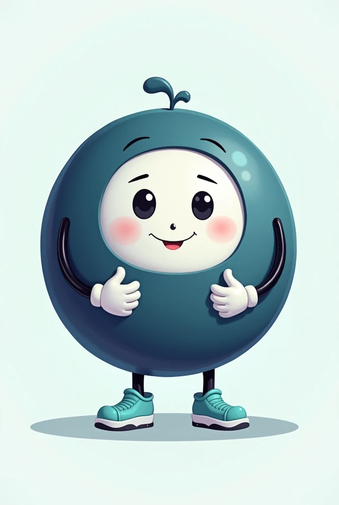 "Create a character, in cartoon style, with the following characteristics: a predominantly dark blue circular body. The character has a white face centered in the circle, with big, round, expressive eyes that convey help to others. The character has a net express. He has thin black arms with white gloves and black legs wearing light turquoise shoes.. The character must be in a helping pose, with hands outstretched as if to support someone in a sign of help to others and support. The general climate should be neutral and supportive., as if the character was ready to help in any situation."