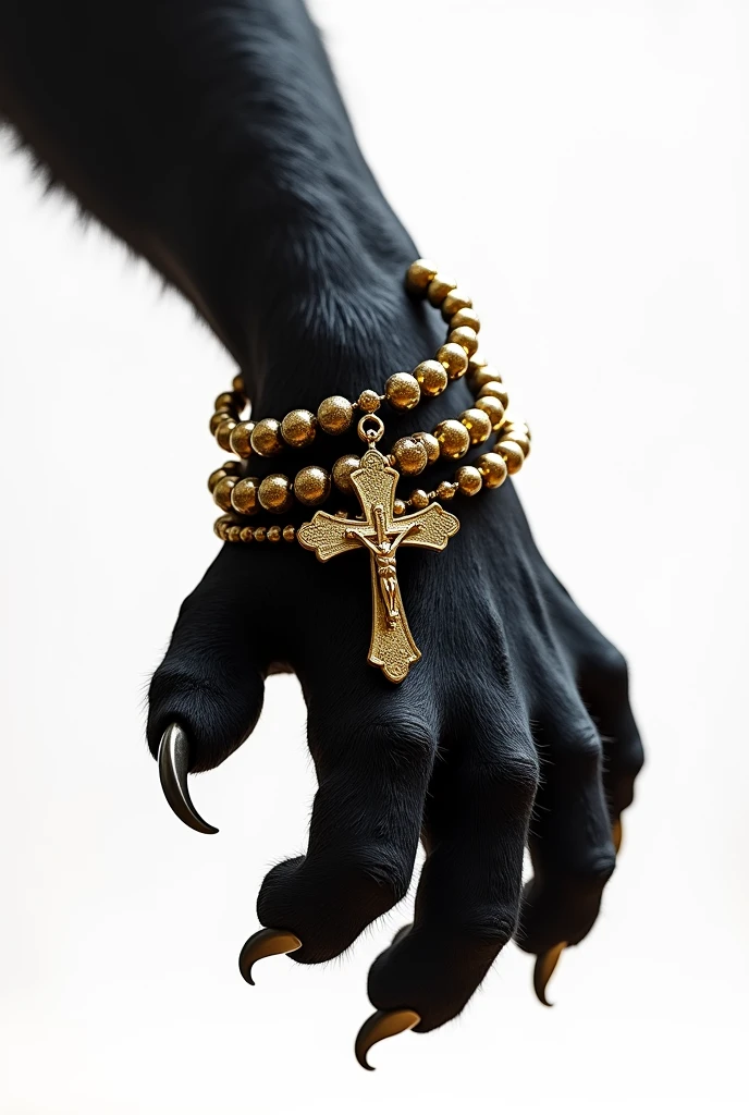 the outstretched paw of a black panther in black (up to the nails) with a gold-colored rolled Catholic rosary and a white image background