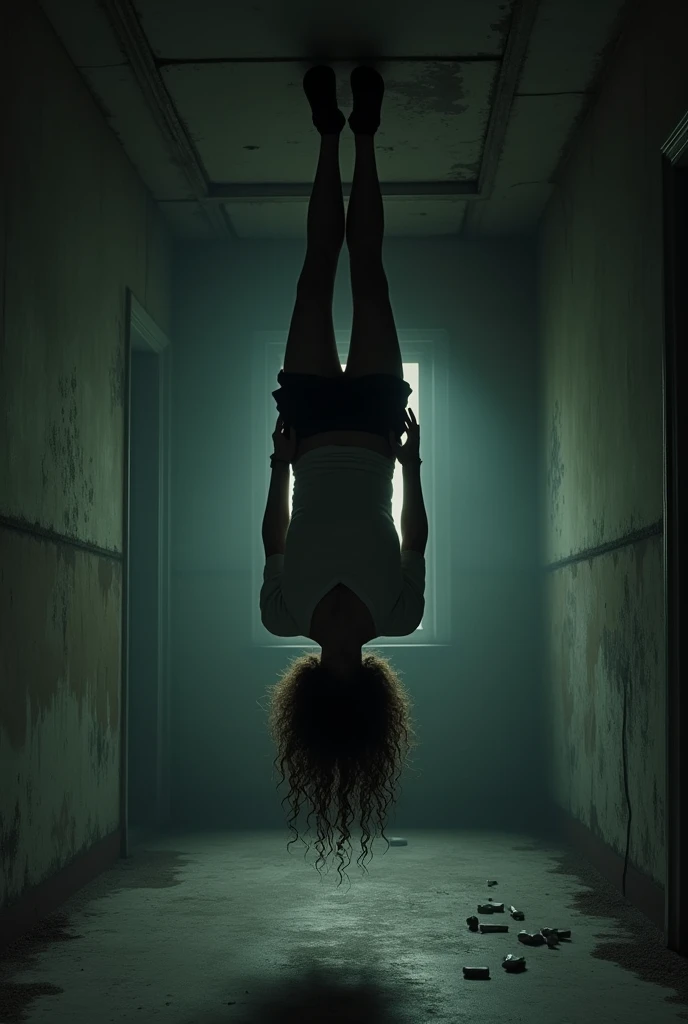 "A dimly lit, empty room with slightly moldy walls. A person resembling Harry S is hanging upside down by their feet from the ceiling. The perspective is from behind, showing their back and curly brown hair that is not too long, falling downward due to the inverted position. The room is barren, creating a stark and tense atmosphere, with the focus on the person's helpless state and the decayed surroundings."