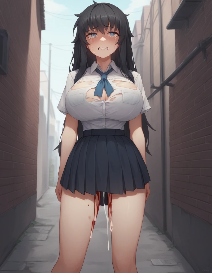 ((sexy girl)), sfw, big breasts, long black hair, looking at viewer,moistened eyes, young girl, gritting teeth, crying, sad, alley, skirt, cumdrip, blood on thighs, cum dripping from under skirt, bruise, lighty torn clothes, standing, flat iris, school outfit, disheveled clothes, disheveled, sloppily dressed, curvy,