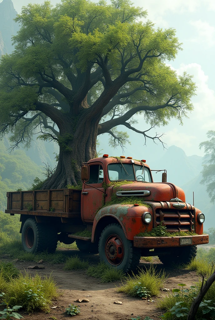 an abandoned truck through which a tree grows from the ground and through the body, the car is rusty, abandoned for decades, crumbling, dramatic scene, 