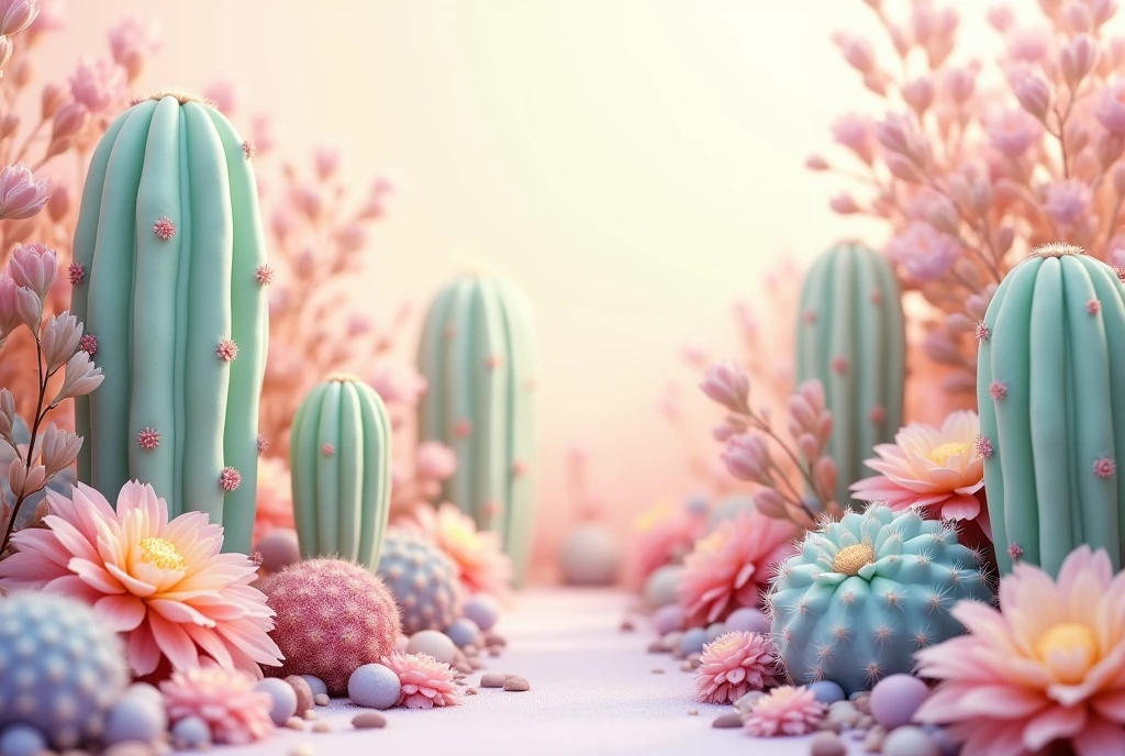  cacti and flowers in pastel colors 
