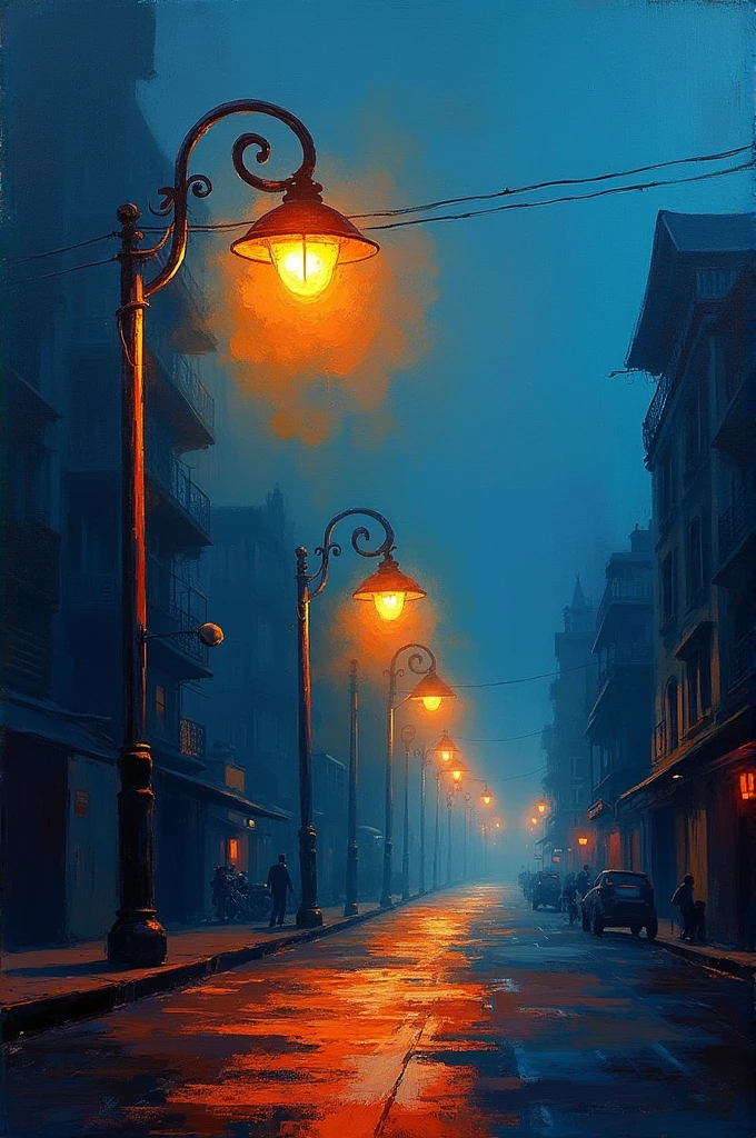 A rough oil painting streetlights aligned