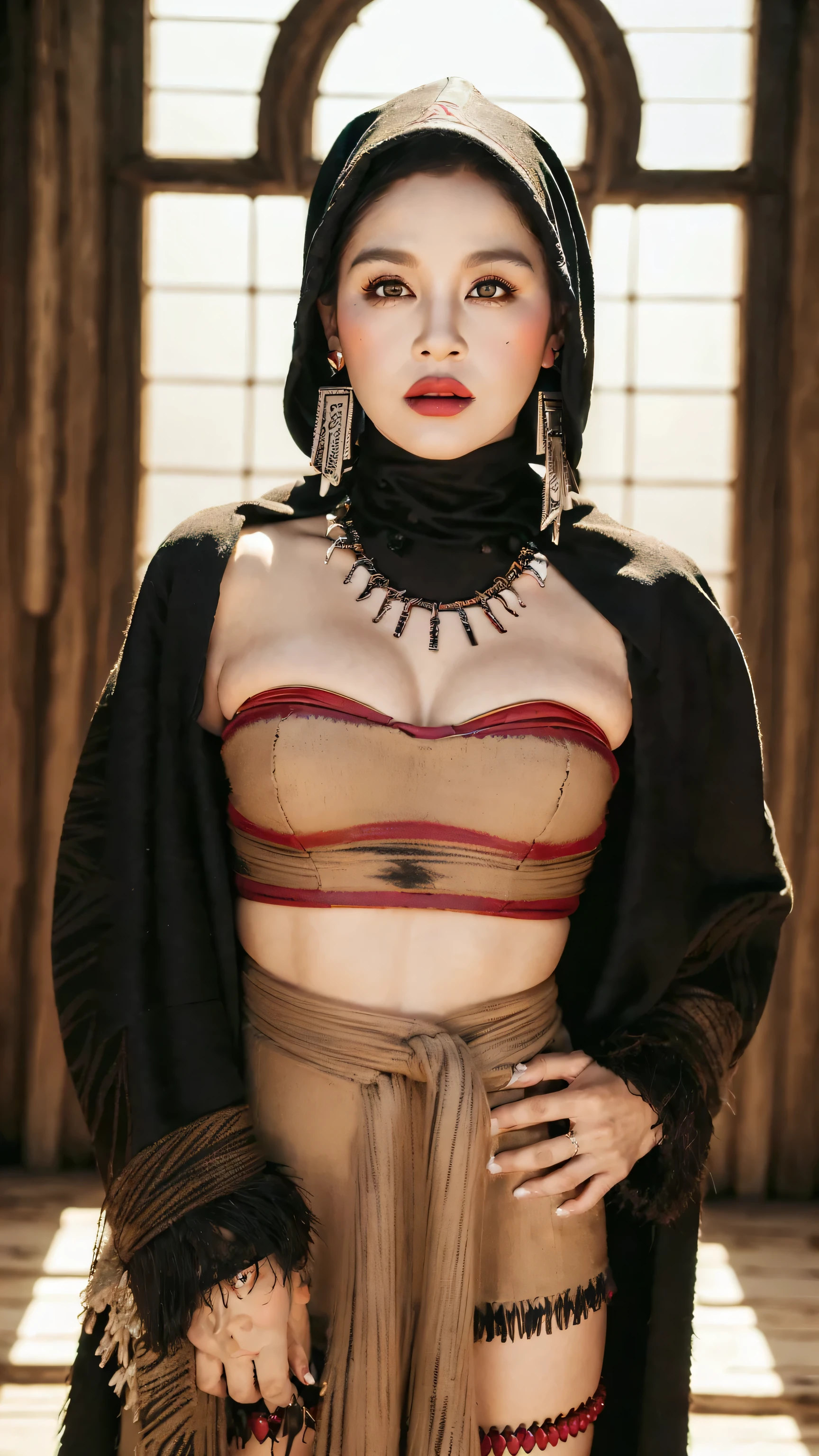 ((Realistic lighting, Masterpiece: 1.3), (raw photo:1.2), Best quality, 8K), Hyperrealist portrait gorgeous Beautiful tribal Chinese tribal woman, mature woman, 50 years old, Milf, beautiful serious face, wrinkled face, beautiful detailed charming eyes, (pretty natural breasts: 1.1), ((tribal black strapless top: 1.1), (sexy tribal black skirt), (tribal black Hooded Cloak Coat: 1.2), (tribal hijab: 1.2)), tribal loincloth, (tribal jewelry, tribal necklace), tribal Palace background, legendary style, epic style, full body, (standing pose: 1.2, tribal Palace background), professional photography, font view, very detailed faces, (garnet red lips, subtle makeup: 1.3), colorful style