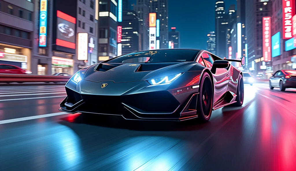 A sports car travelling fast in cityscape at night with very bright white light beaming through the headlight