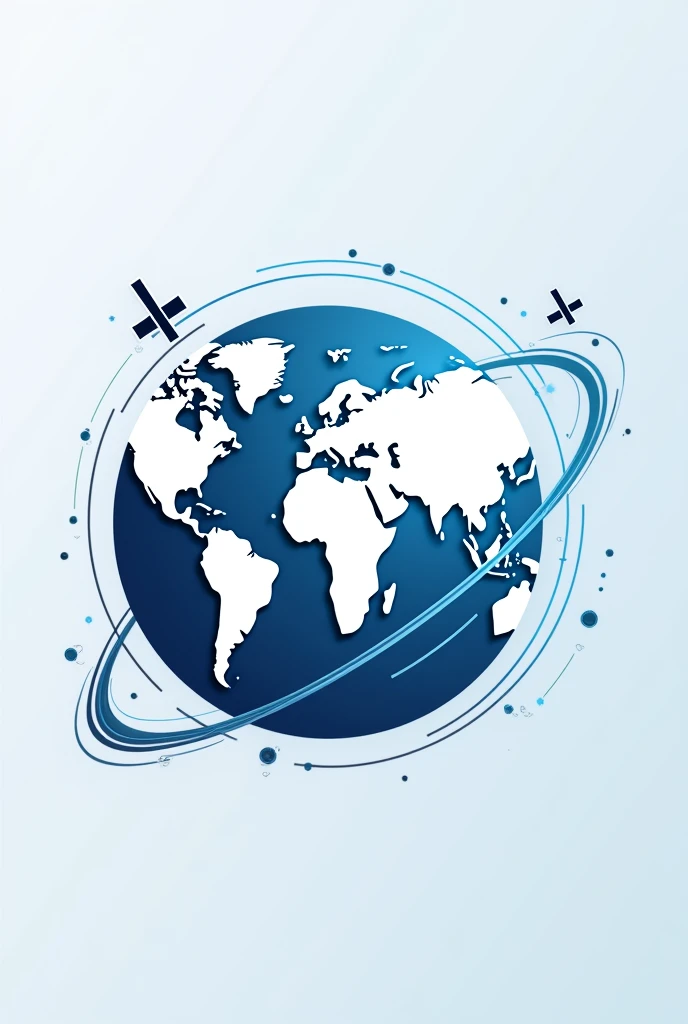 Logo of a white and blue world with fiber optic interconnections and satellites