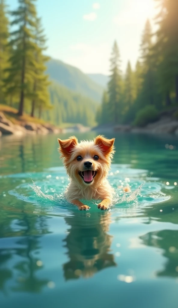 dog swimming in crystal clear lake, sunny day, trees in background, blurred