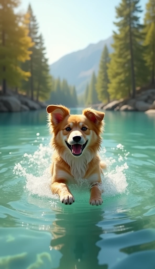 dog swimming in crystal clear lake, sunny day, trees in background, blurred