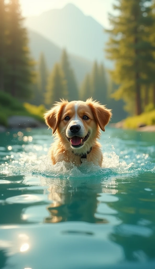 dog swimming in crystal clear lake, sunny day, trees in background, blurred