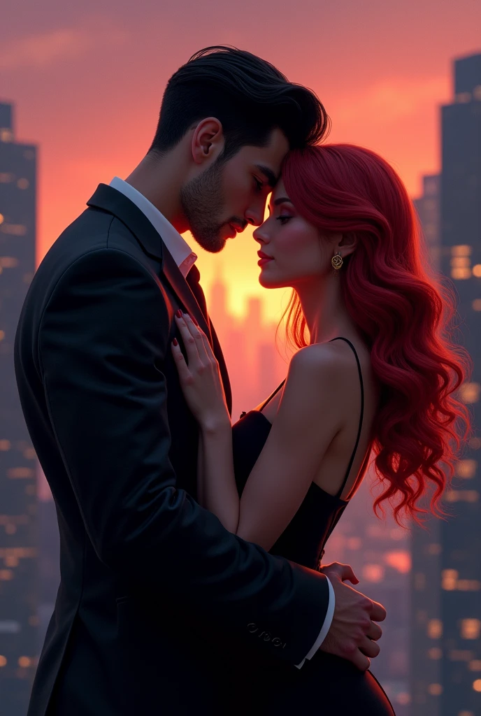 Realistic picture. A handsome man wearing a black suit, expressive eyes, black hair, light skin, pointed nose, clean face. He was hug by a beautiful woman, light skin, pinkish lips, pointed nose, cream color hair with red highlights, wearing black dress. In the a silhouette of buildings and city lights.