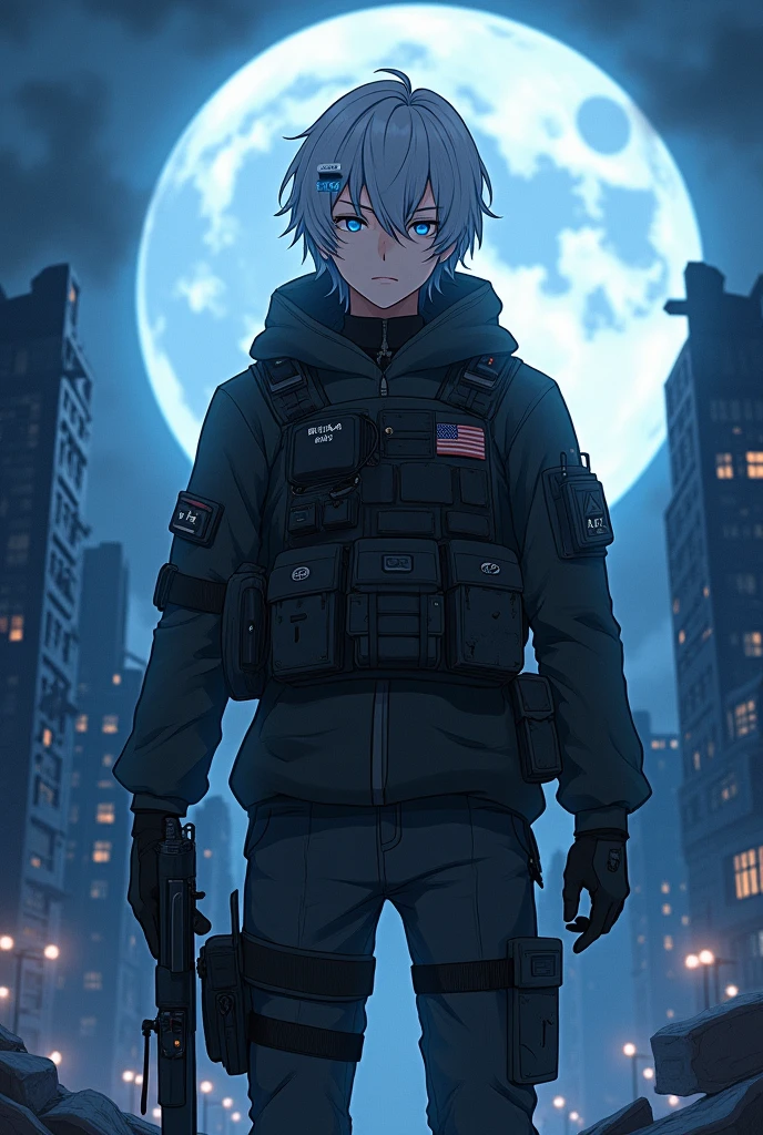 4K anime style quality, digital picture mode, post-apocalyptic themed anime male character, medium silver hair slightly covering one of his deep blue eyes, wearing tactical clothing, standing in a desolate urban landscape with collapsed buildings in the background, moonlight casting shadows, glowing skin, stoic and protective expression, full body, dynamic pose, life-size, perfect anatomy, detailed skin texture, full HD, 4K, HDR, perfect anatomy, depth of field.