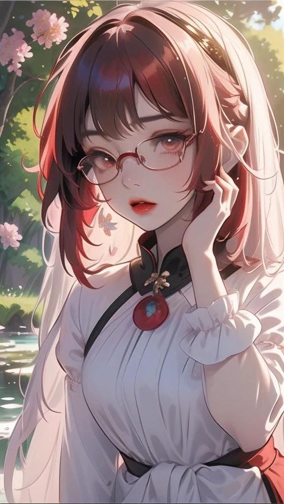 Asian peasant woman with bright red hair, Long hair down to the waist, straight and with bangs, bright, clear brown eyes, wears round prescription glasses, small, almost albino skin, big cheeks, fleshy, reddened lips, small and delicate hands, chubby and short, in front of a simple white country house with flowers around and near a stream 