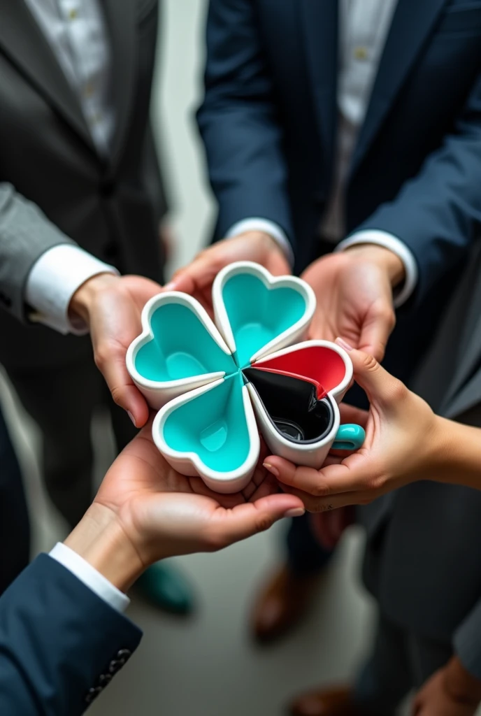 Create a corporate image of the company Trebol for a WhatsApp group with people holding a clover cup with turquoise blue red white black and lead leaves that causes impact