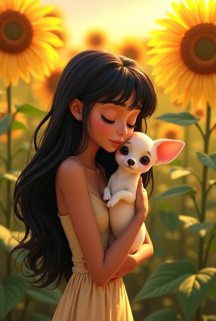 Believe me girl light brown skin bangs black hair sunflowers background Disney pixal hugging light cream colored Chihuahua dog