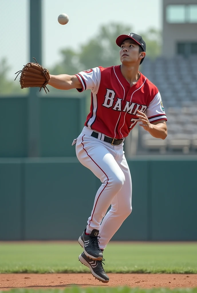 A young, handsome Korean baseball player in his 20s catches a ball during training.