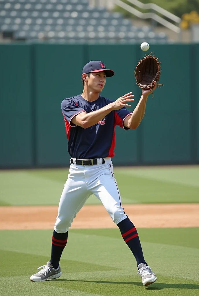 A young, handsome Korean baseball player in his 20s catches a ball during training.