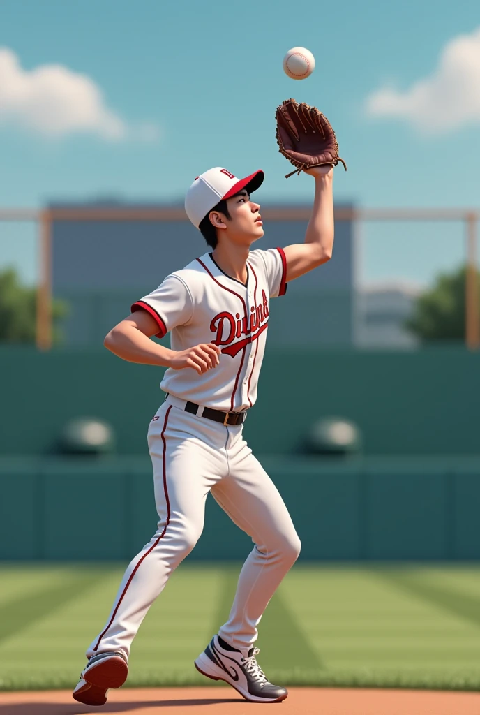 A young, handsome Korean baseball player in his 20s catches a ball during training.